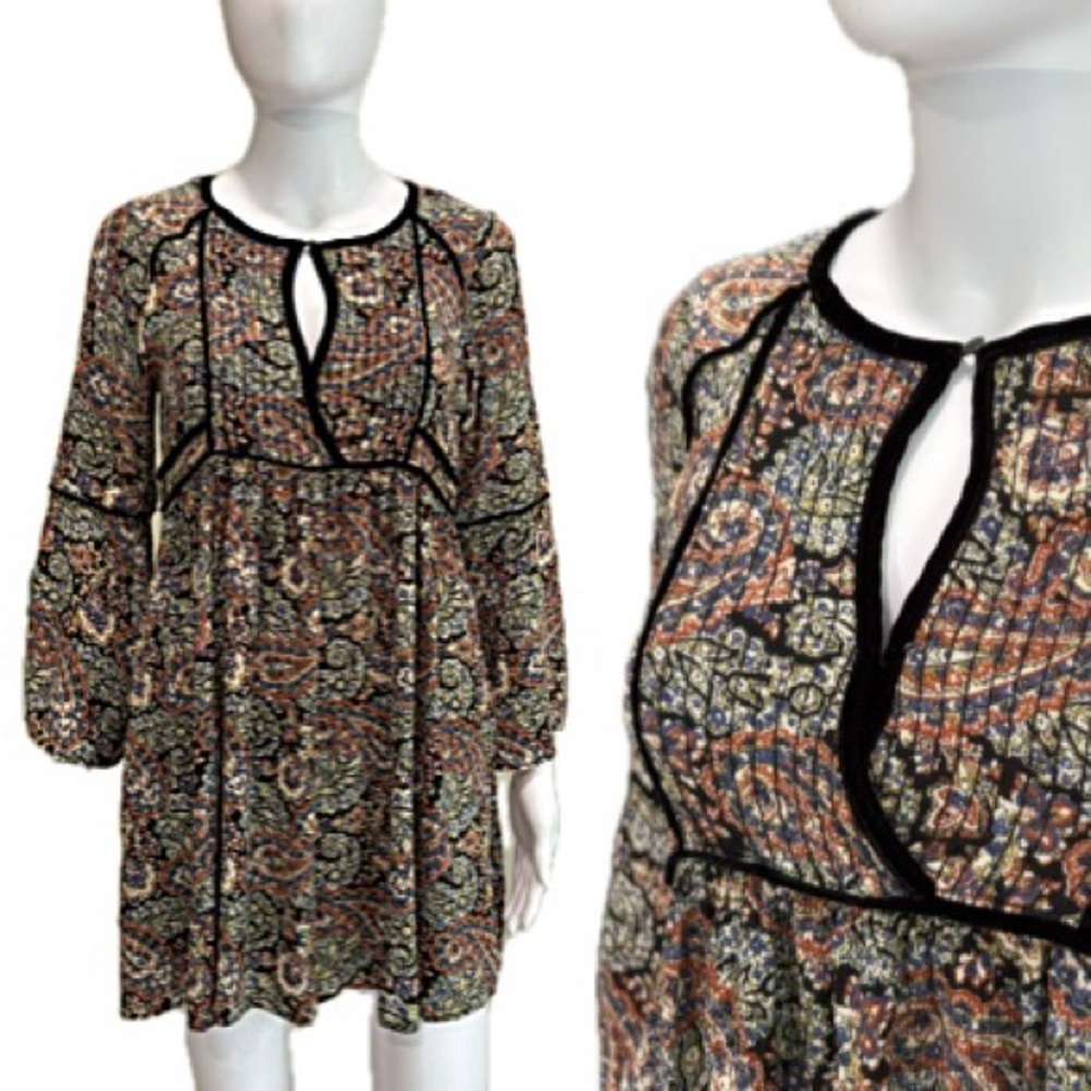 American Eagle Velvet Trim Floral Paisley Babydoll Dress Size Small Bell Sleeve